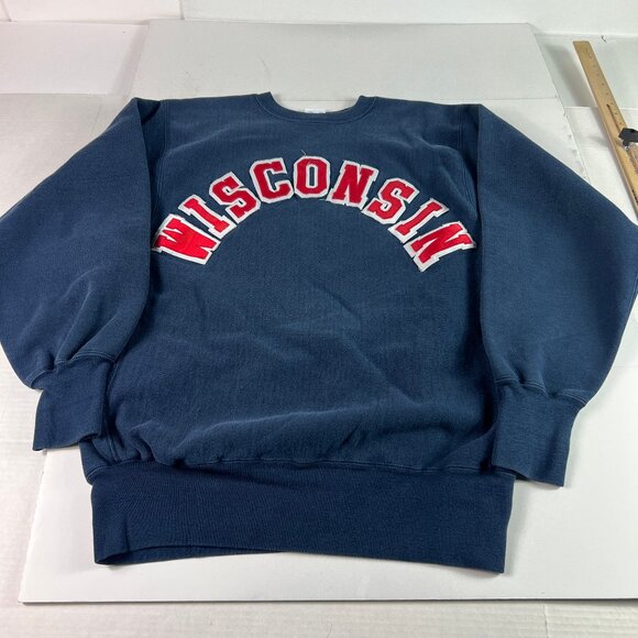 VTG Champion Reverse Weave Wisconsin Badger Sweatshirt Extra Large Blue Crewneck - Picture 1 of 14